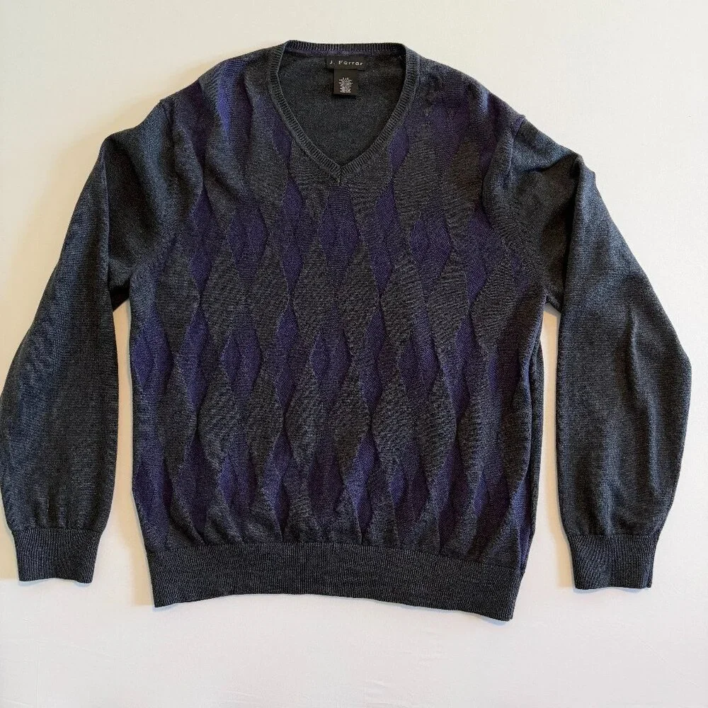 Vintage J FERRAR Cotton Cashmere V Neck Gray Purple Sweater Large